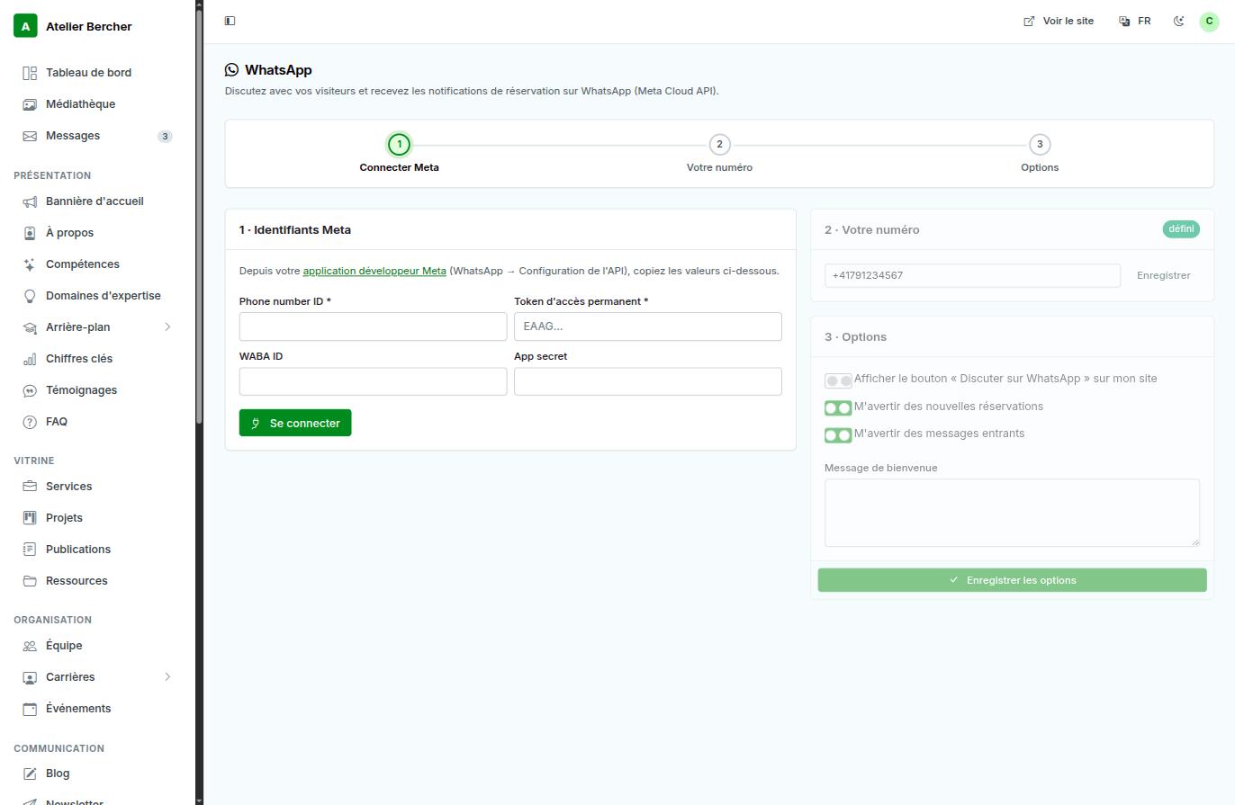 The WhatsApp screen: three steps — connect Meta, your number, options.